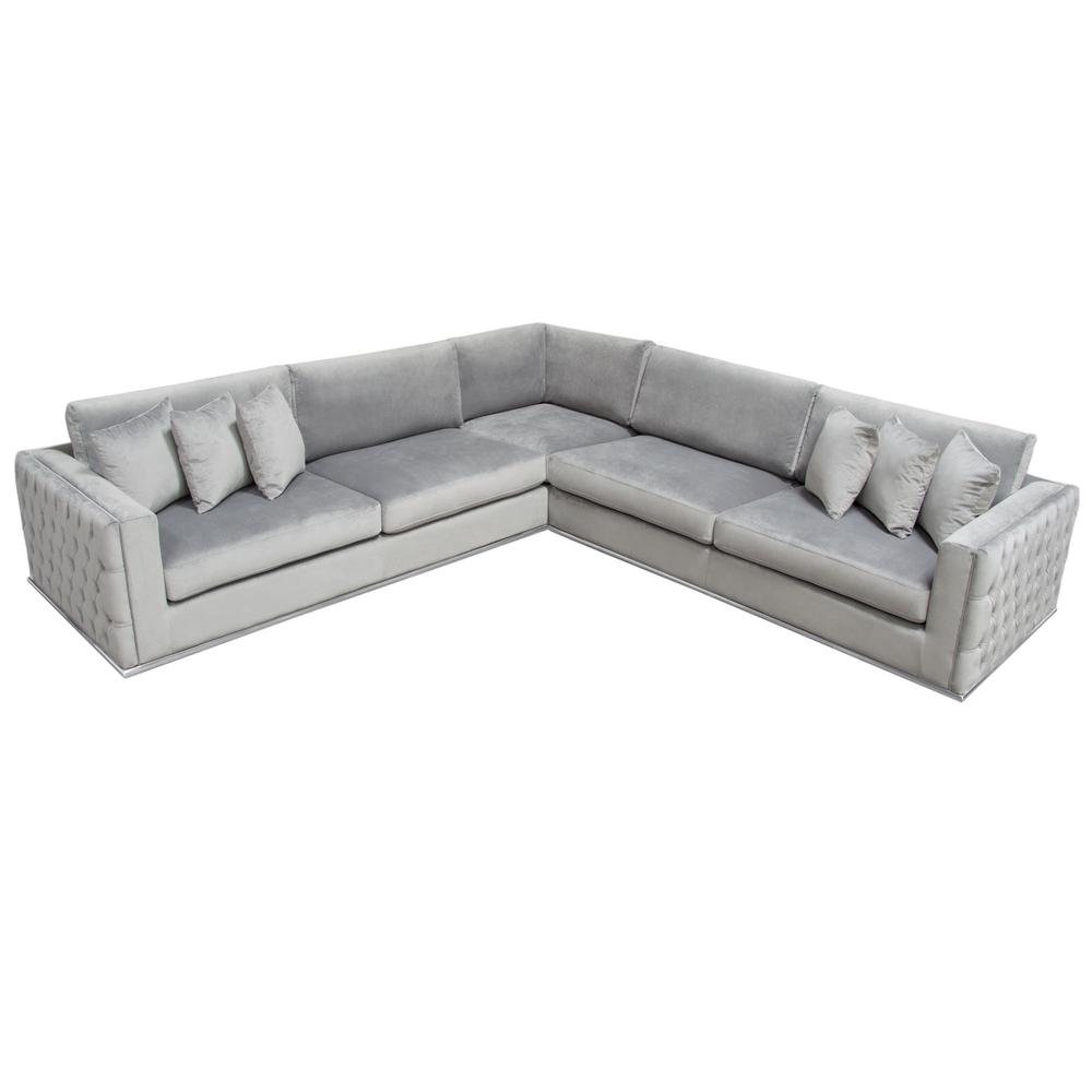 Sectional in Platinum Grey Velvet, Tufted Outside Detail and Silver Metal Trim. Picture 46