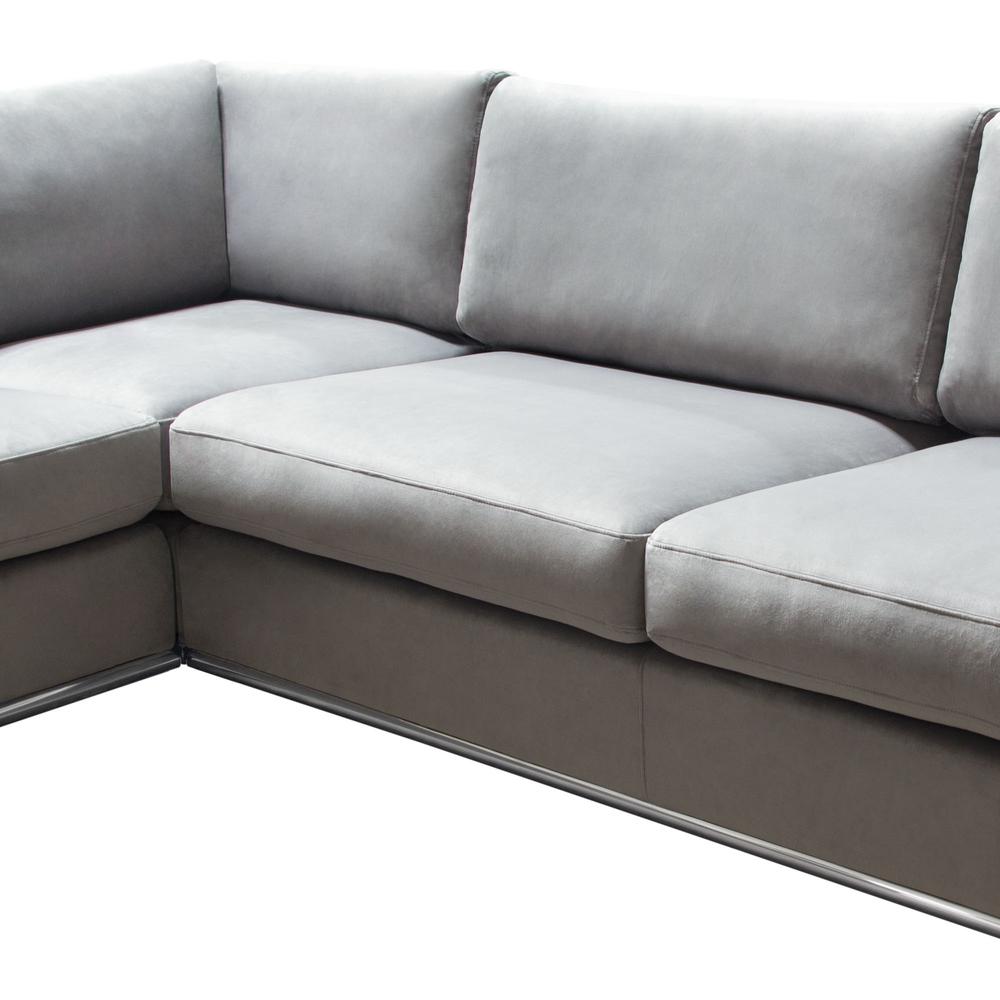 Sectional in Platinum Grey Velvet, Tufted Outside Detail and Silver Metal Trim. Picture 30