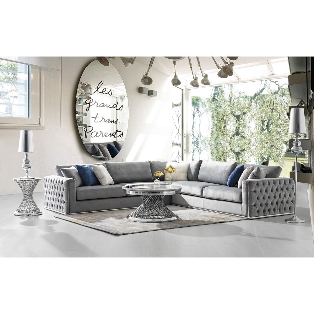 Sectional in Platinum Grey Velvet, Tufted Outside Detail and Silver Metal Trim. Picture 40