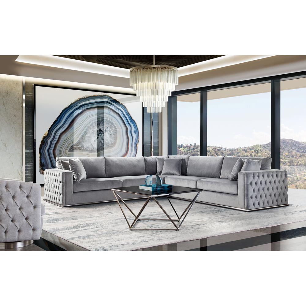 Sectional in Platinum Grey Velvet, Tufted Outside Detail and Silver Metal Trim. Picture 51