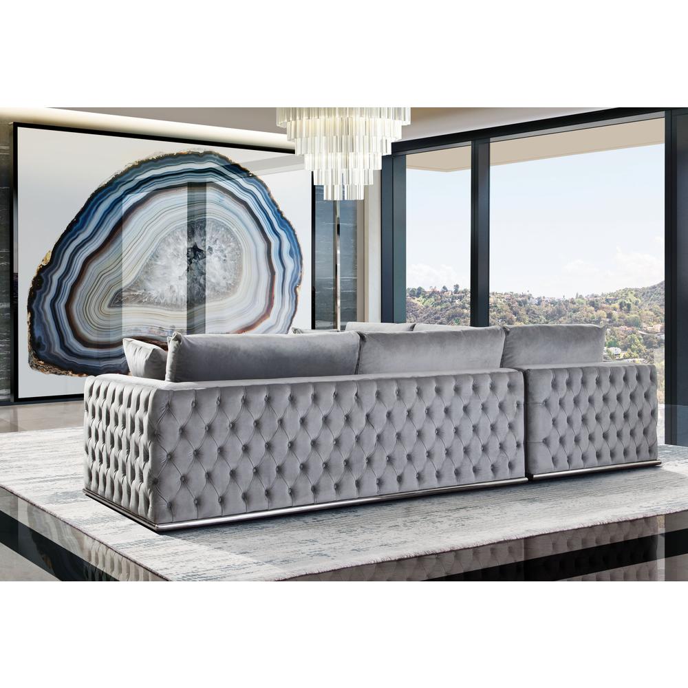 Sectional in Platinum Grey Velvet, Tufted Outside Detail and Silver Metal Trim. Picture 35