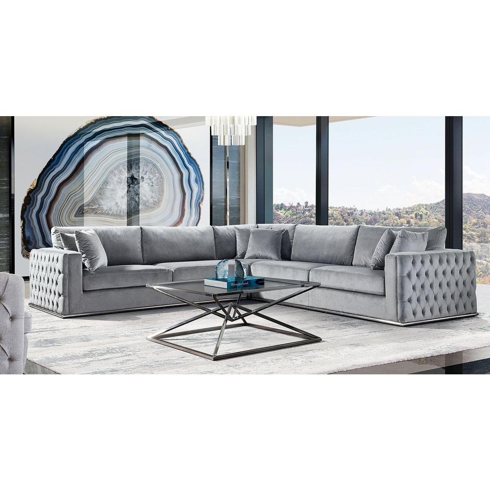 Sectional in Platinum Grey Velvet, Tufted Outside Detail and Silver Metal Trim. Picture 45