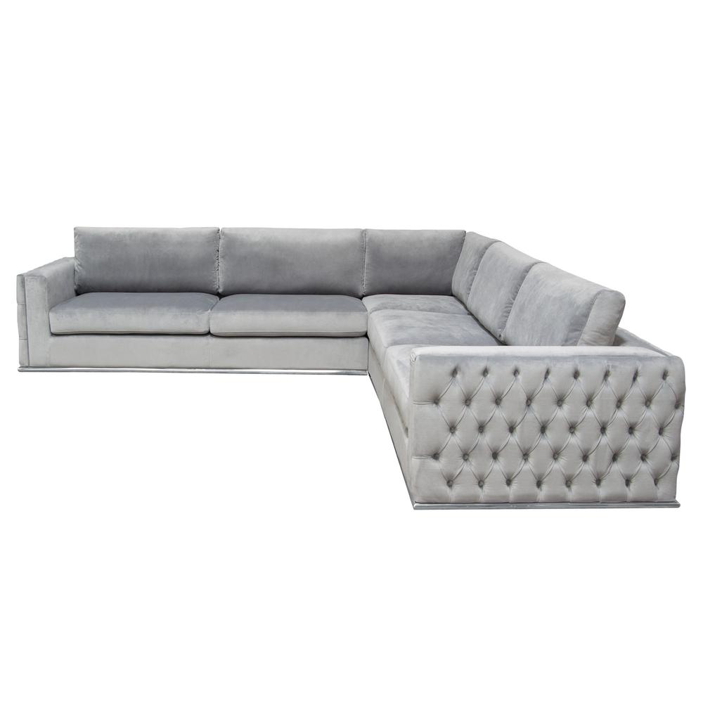 Sectional in Platinum Grey Velvet, Tufted Outside Detail and Silver Metal Trim. Picture 52
