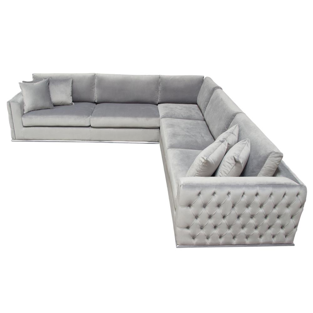 Sectional in Platinum Grey Velvet, Tufted Outside Detail and Silver Metal Trim. Picture 49