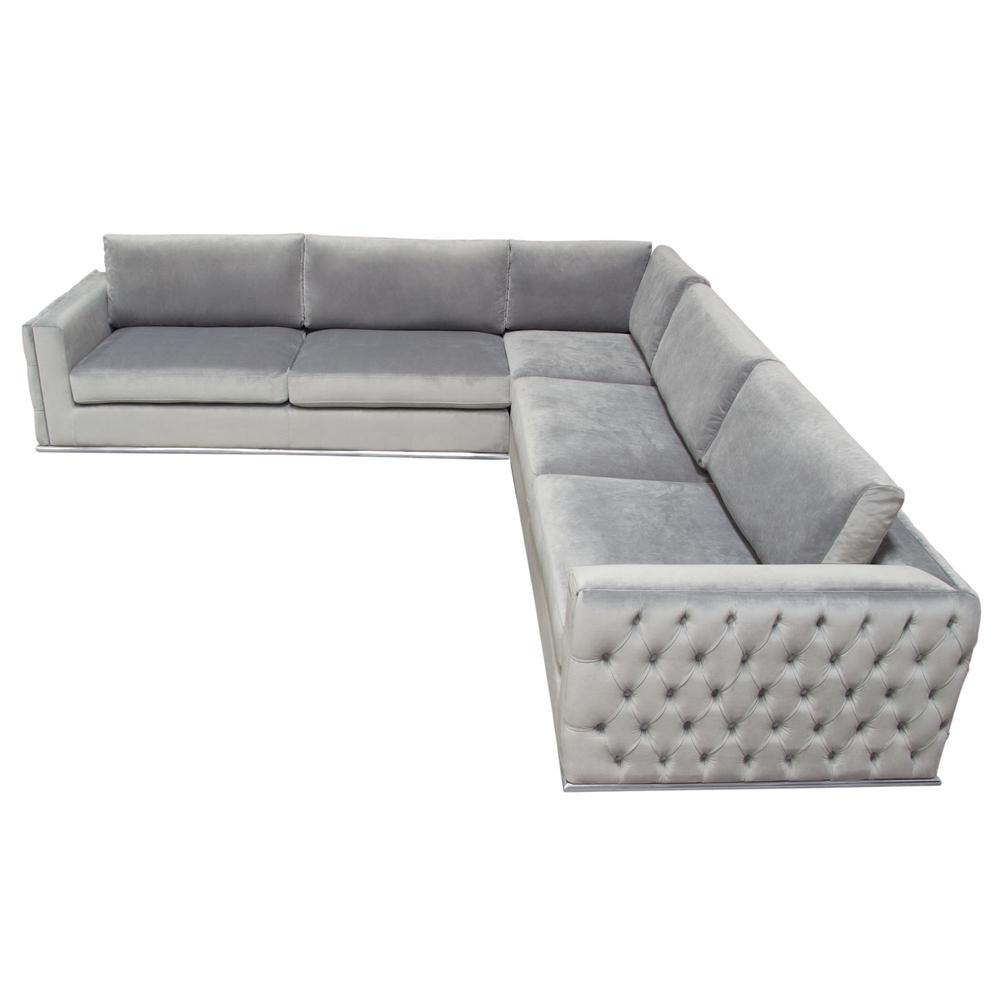 Sectional in Platinum Grey Velvet, Tufted Outside Detail and Silver Metal Trim. Picture 50