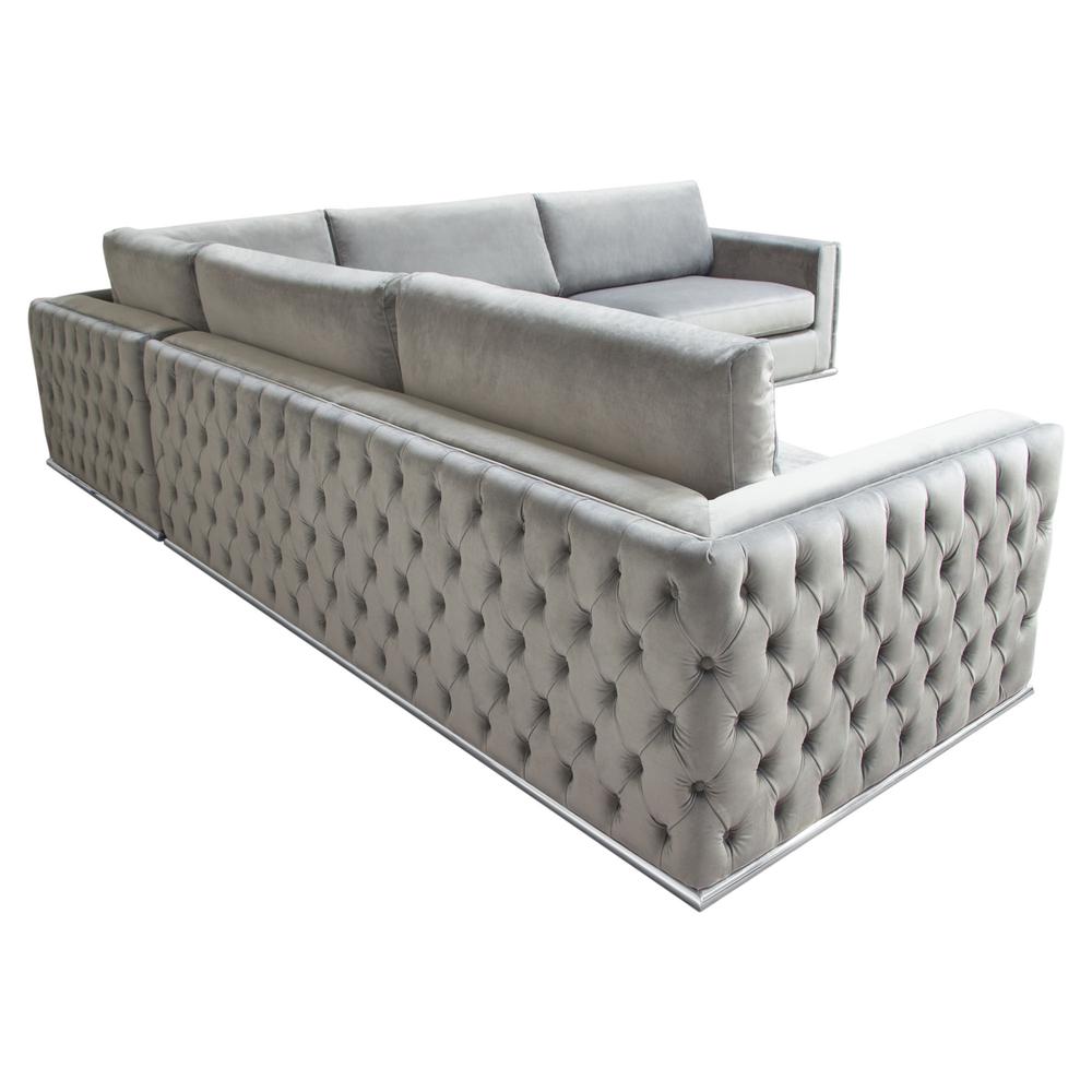 Sectional in Platinum Grey Velvet, Tufted Outside Detail and Silver Metal Trim. Picture 43