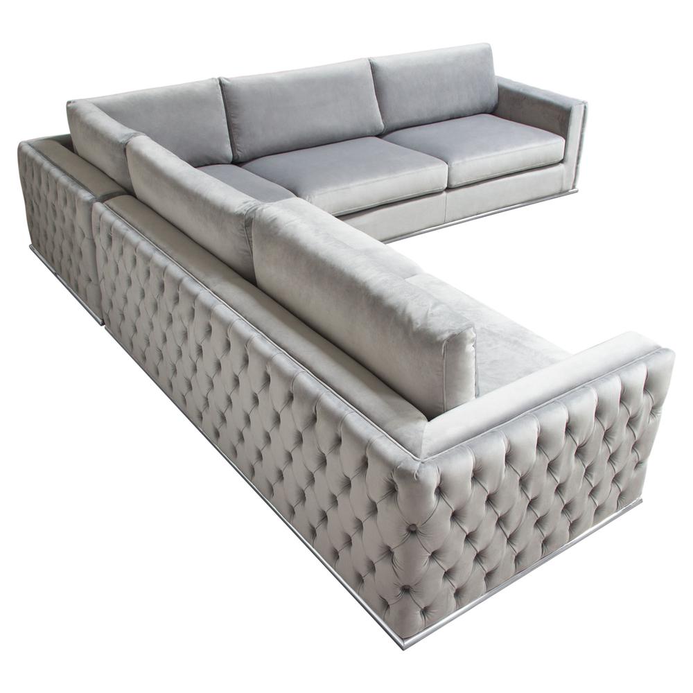 Sectional in Platinum Grey Velvet, Tufted Outside Detail and Silver Metal Trim. Picture 48