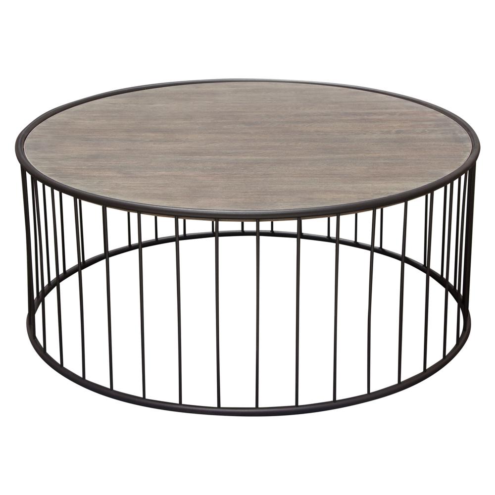 Gibson 38" Round Cocktail Table with Grey Oak Finished Top and Metal Base. Picture 1