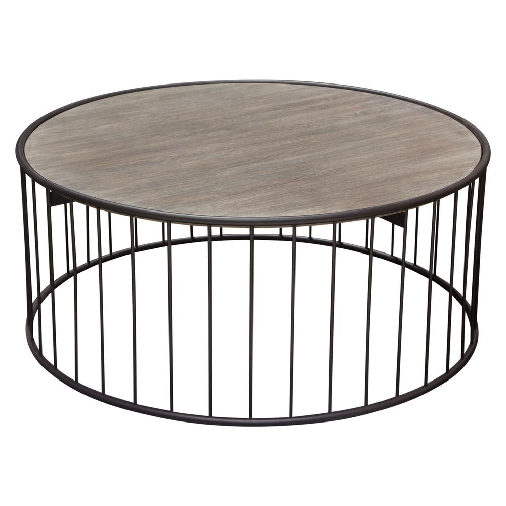 Gibson 38" Round Cocktail Table with Grey Oak Finished Top and Metal Base. Picture 17