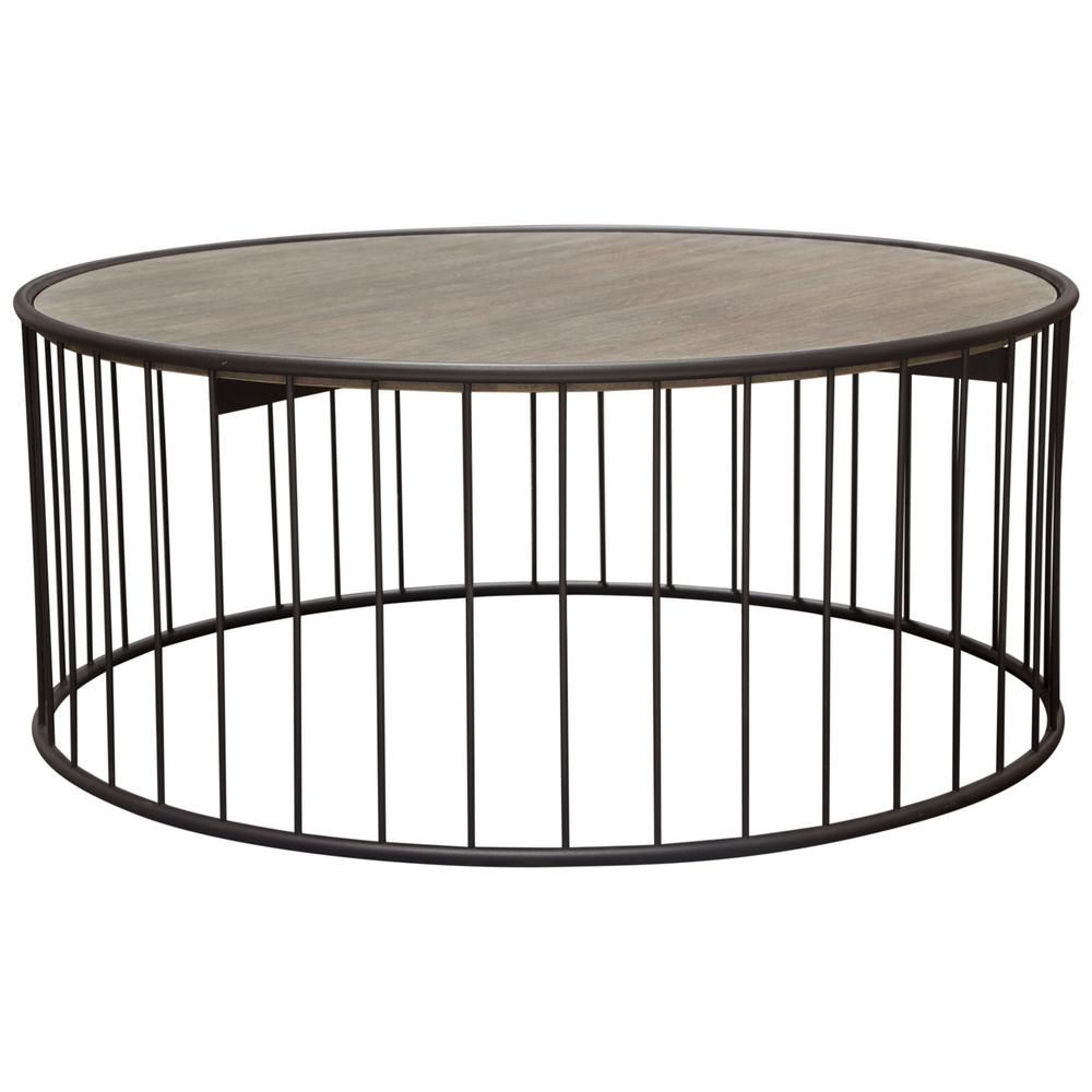 Gibson 38" Round Cocktail Table with Grey Oak Finished Top and Metal Base. Picture 14