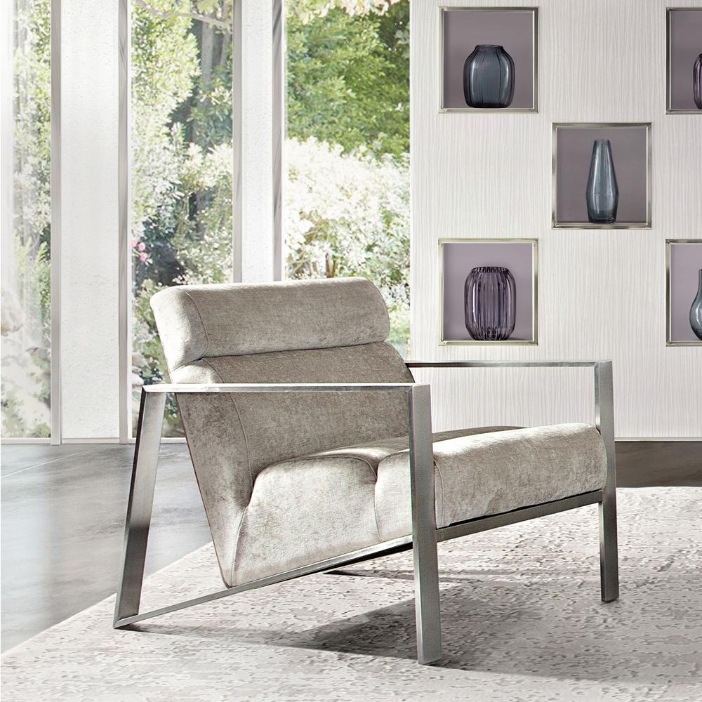 La Brea Accent Chair in Champagne Fabric with Brushed Stainless Steel Frame. Picture 26