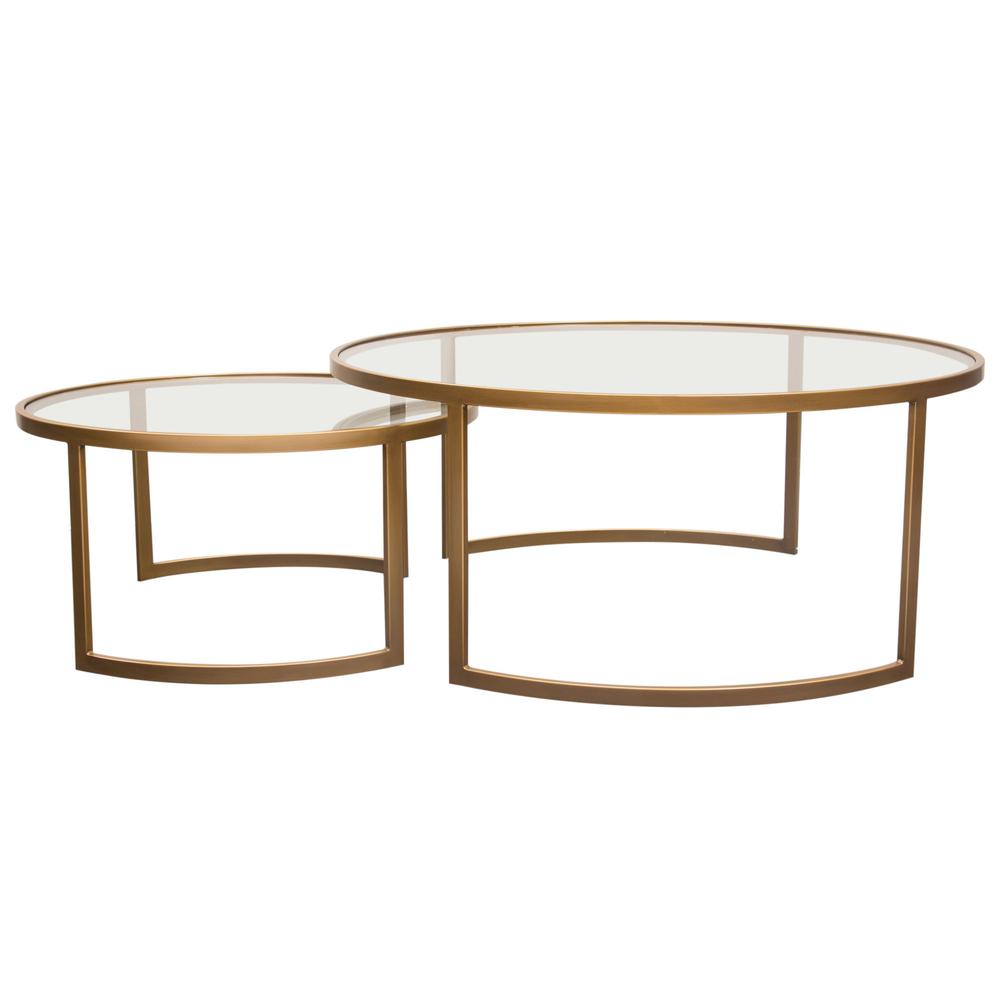 Lane 2PC Round Nesting Set in Brushed Gold Frame w/ Clear Tempered Glass Tops. Picture 1