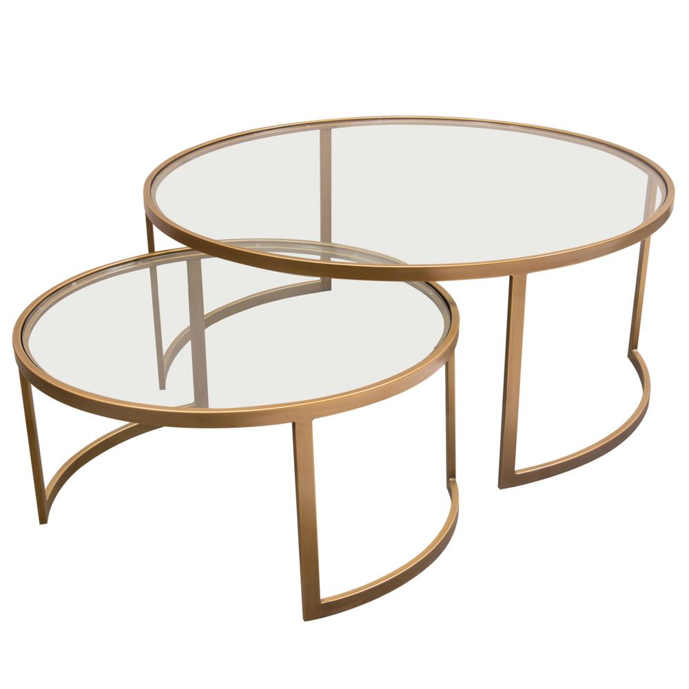 Lane 2PC Round Nesting Set in Brushed Gold Frame w/ Clear Tempered Glass Tops. Picture 19