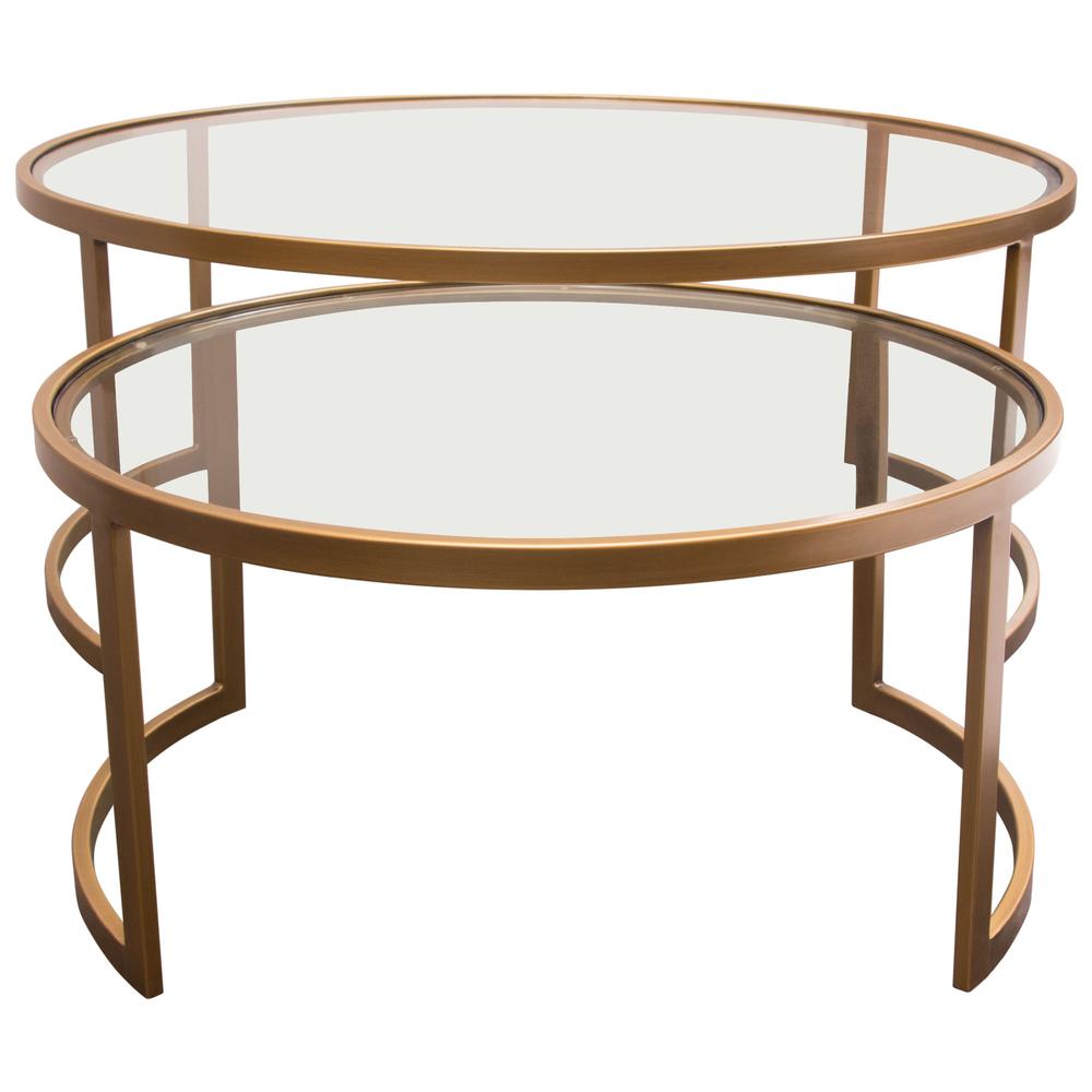 Lane 2PC Round Nesting Set in Brushed Gold Frame w/ Clear Tempered Glass Tops. Picture 22