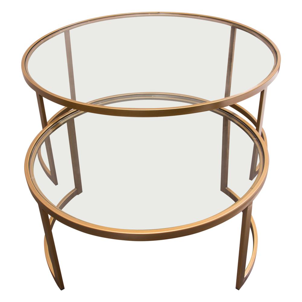 Lane 2PC Round Nesting Set in Brushed Gold Frame w/ Clear Tempered Glass Tops. Picture 15