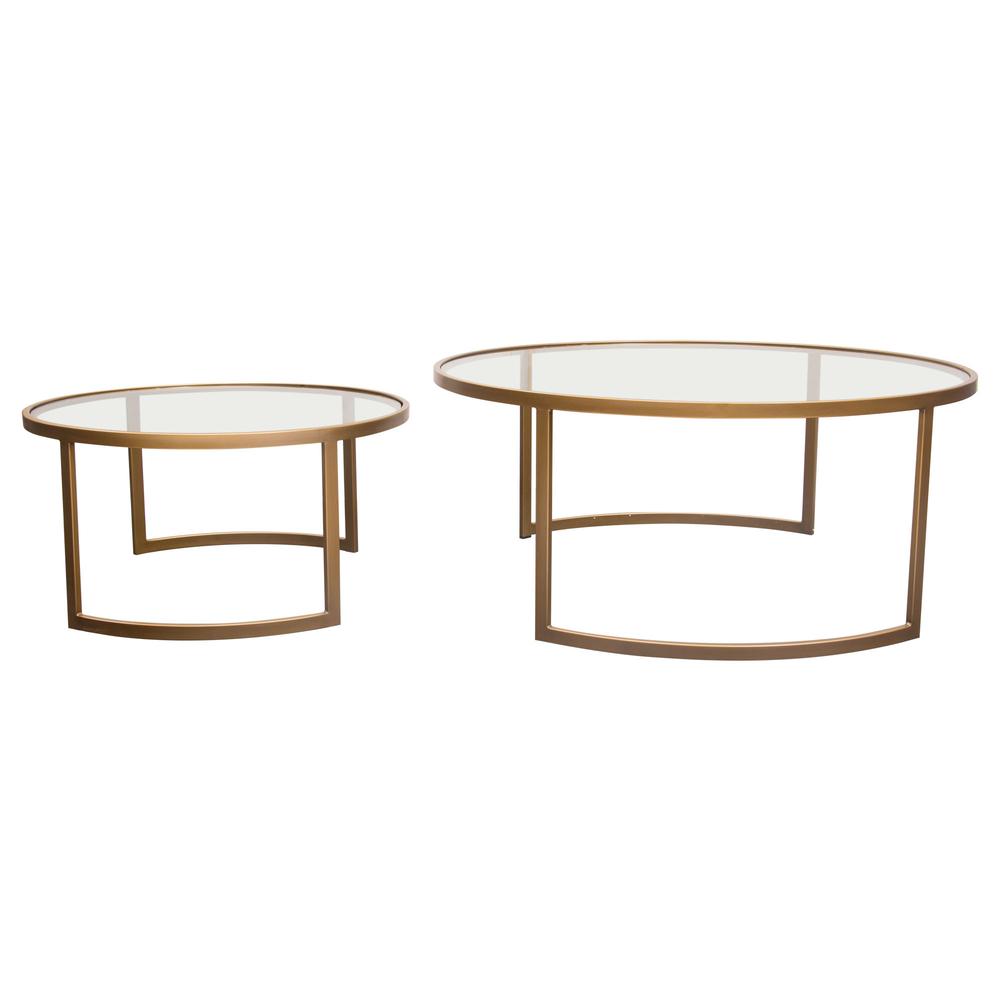 Lane 2PC Round Nesting Set in Brushed Gold Frame w/ Clear Tempered Glass Tops. Picture 24