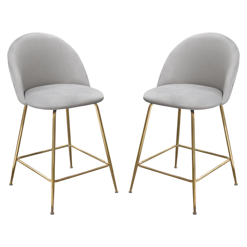 Lilly Set of 2 Counter Height Chairs in Grey Velvet w/ Brushed Gold Metal Legs. Picture 1