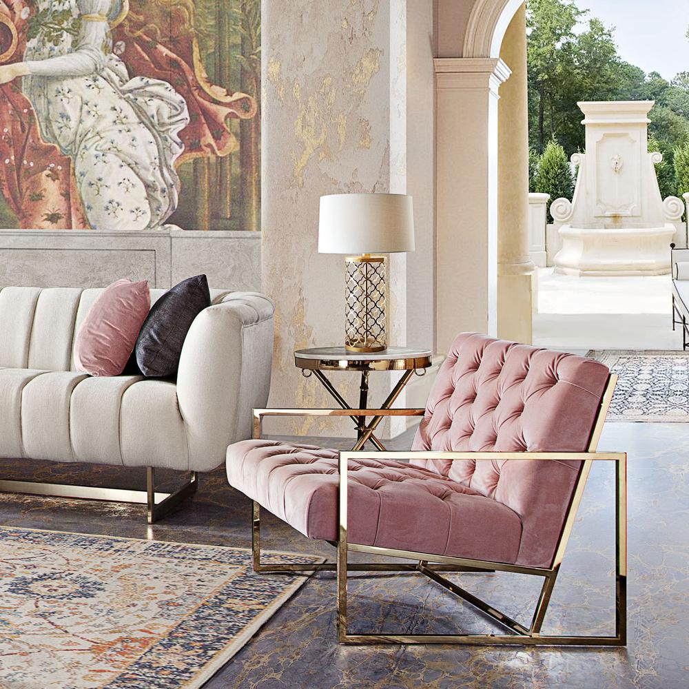 Chair in Blush Pink Tufted Velvet Fabric, Polished Gold Stainless Steel Frame. Picture 19