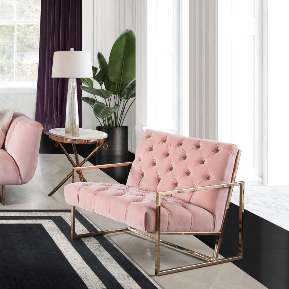 Chair in Blush Pink Tufted Velvet Fabric, Polished Gold Stainless Steel Frame. Picture 15