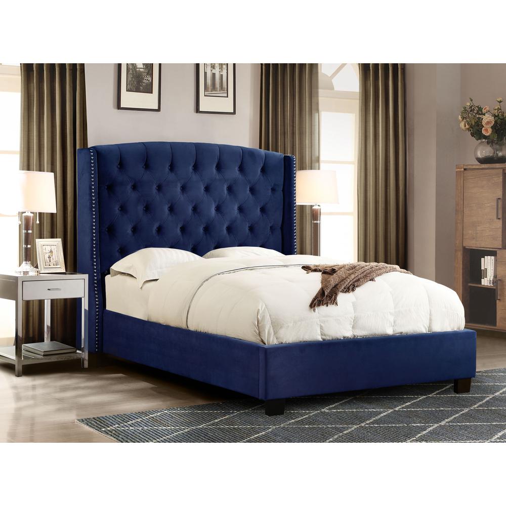 Majestic Eastern King Tufted Bed in Royal Navy Velvet, Nail Head Wing Accents. Picture 12