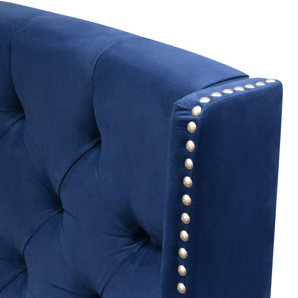Majestic Queen Tufted Bed in Royal Navy Velvet with Nail Head Wing Accents. Picture 12