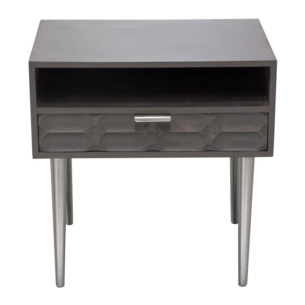 Petra Solid Mango Wood 1-Drawer Accent Table in Smoke Grey Finish w/ Nickel Legs. Picture 1