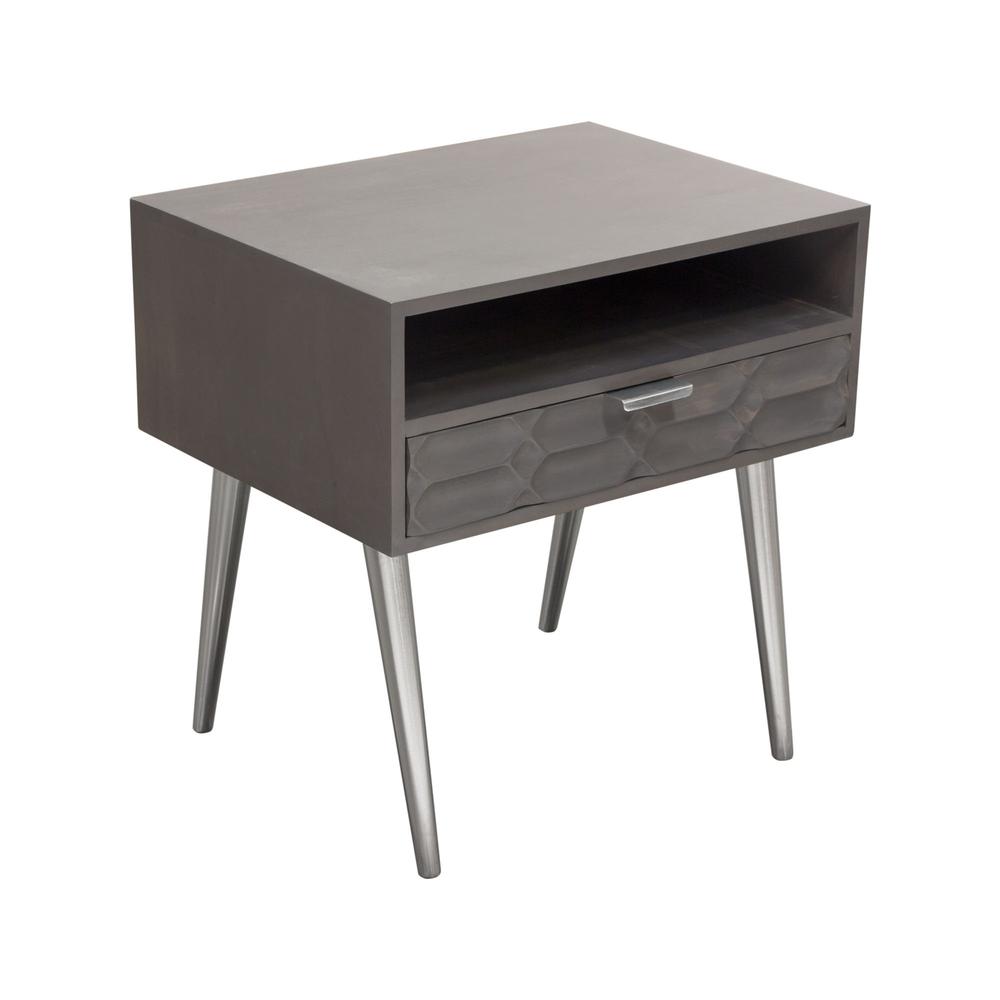 Petra Solid Mango Wood 1-Drawer Accent Table in Smoke Grey Finish w/ Nickel Legs. Picture 17