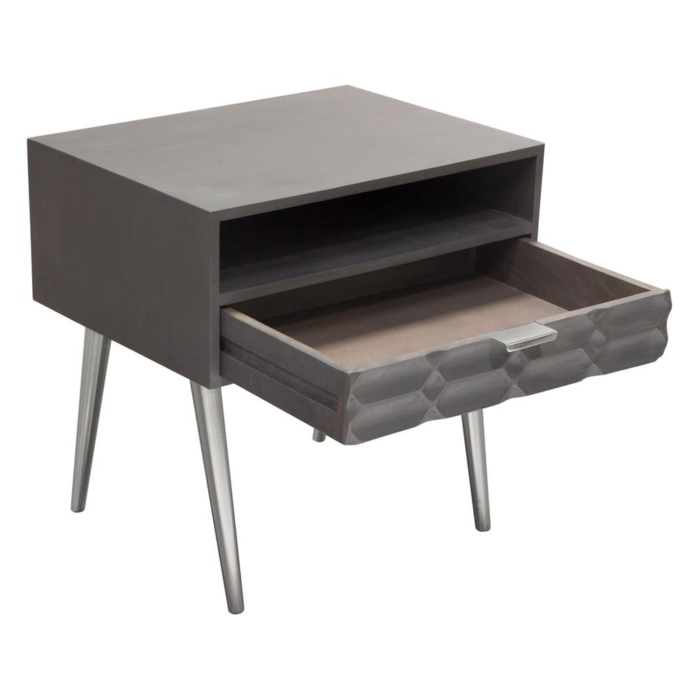 Petra Solid Mango Wood 1-Drawer Accent Table in Smoke Grey Finish w/ Nickel Legs. Picture 16
