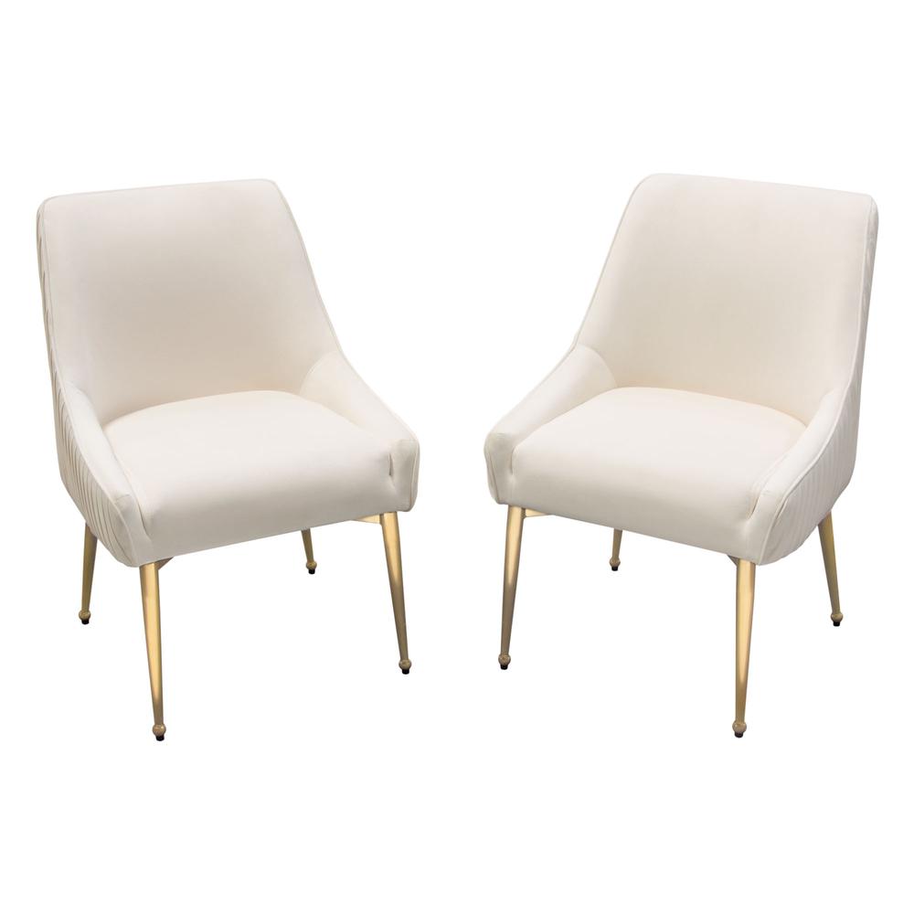 Set of (2) Quinn Dining Chairs w/ Vertical Outside Pleat Detail and Contoured Arm in Cream Velvet w/ Brushed Gold Metal Leg by Diamond Sofa. Picture 1