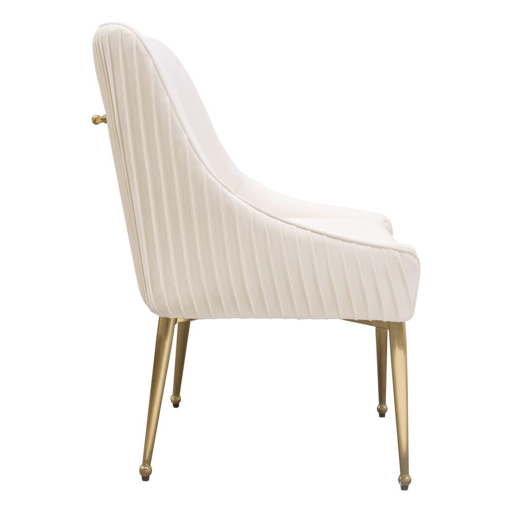 Set of (2) Quinn Dining Chairs w/ Vertical Outside Pleat Detail and Contoured Arm in Cream Velvet w/ Brushed Gold Metal Leg by Diamond Sofa. Picture 16