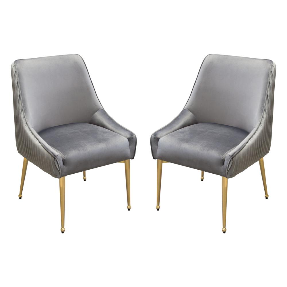 Set of (2) Quinn Dining Chairs w/ Vertical Outside Pleat Detail and Contoured Arm in Grey Velvet w/ Brushed Gold Metal Leg by Diamond Sofa. Picture 1
