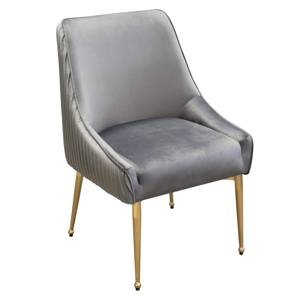 Set of (2) Quinn Dining Chairs w/ Vertical Outside Pleat Detail and Contoured Arm in Grey Velvet w/ Brushed Gold Metal Leg by Diamond Sofa. Picture 30