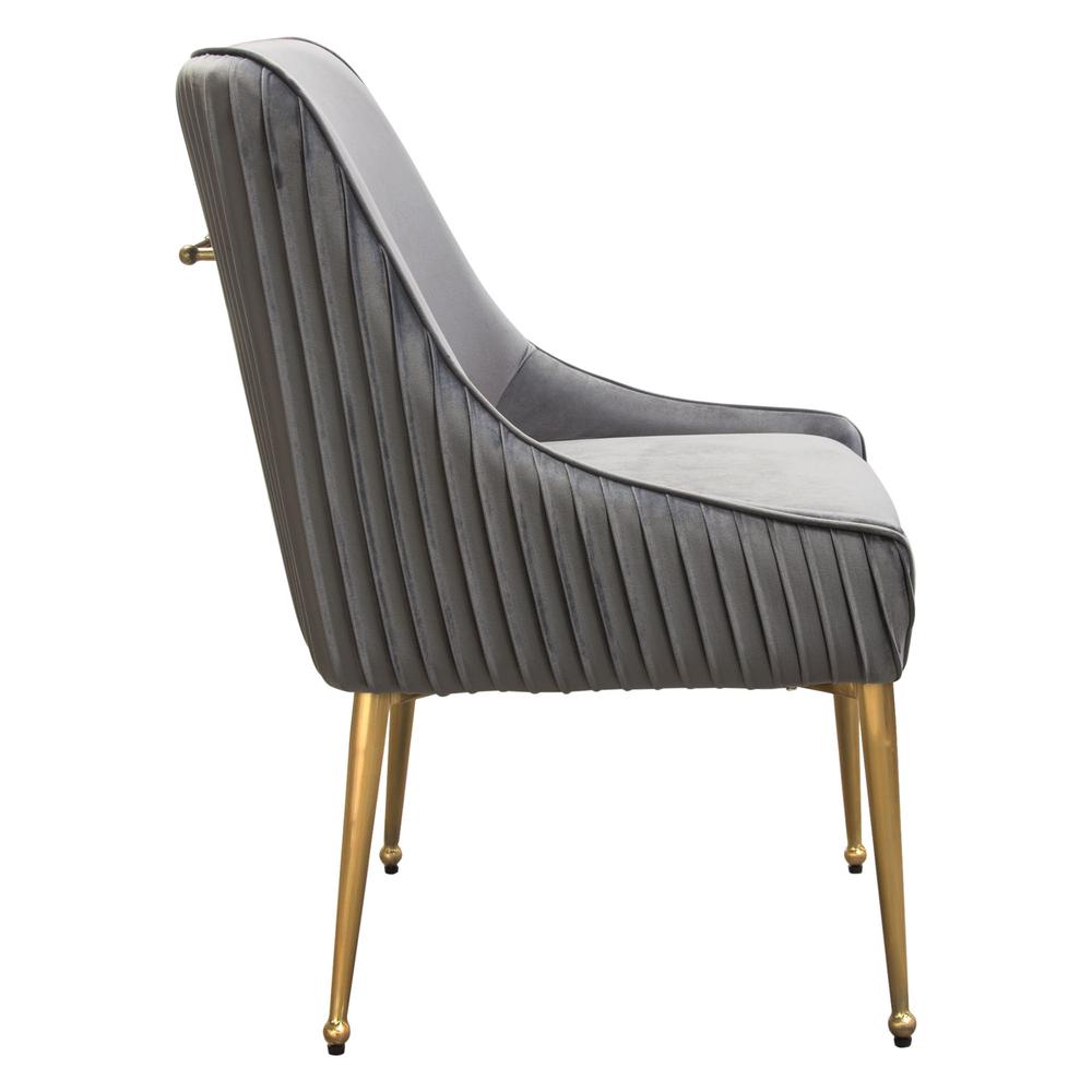Set of (2) Quinn Dining Chairs w/ Vertical Outside Pleat Detail and Contoured Arm in Grey Velvet w/ Brushed Gold Metal Leg by Diamond Sofa. Picture 29