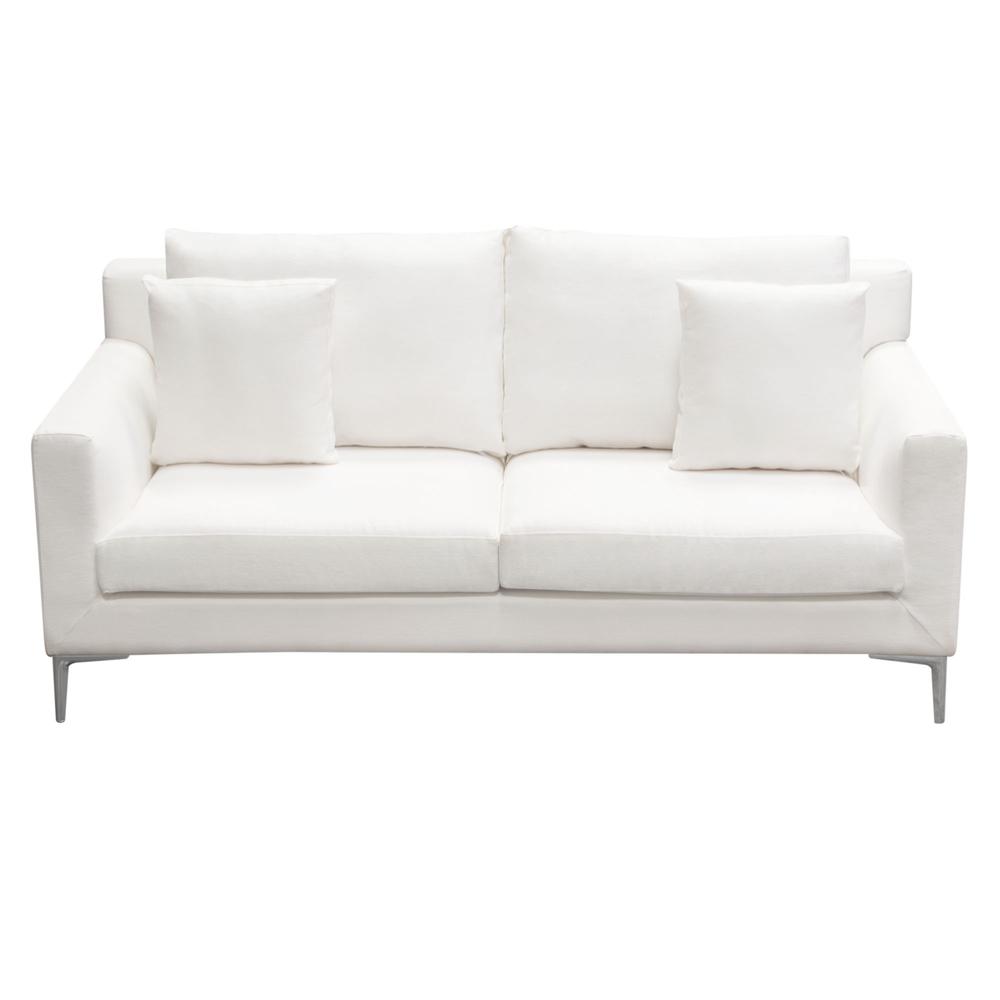 Seattle Loose Back Loveseat in White Linen w/ Polished Silver Metal Leg. Picture 1