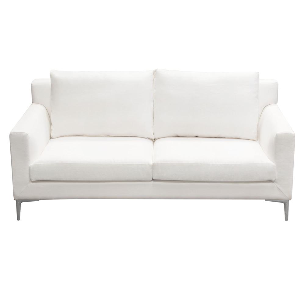 Seattle Loose Back Loveseat in White Linen w/ Polished Silver Metal Leg. Picture 20