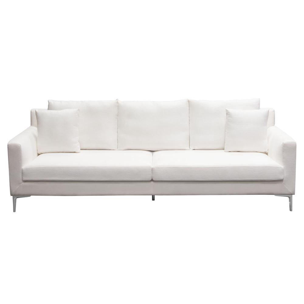Seattle Loose Back Sofa in White Linen w/ Polished Silver Metal Leg. Picture 1