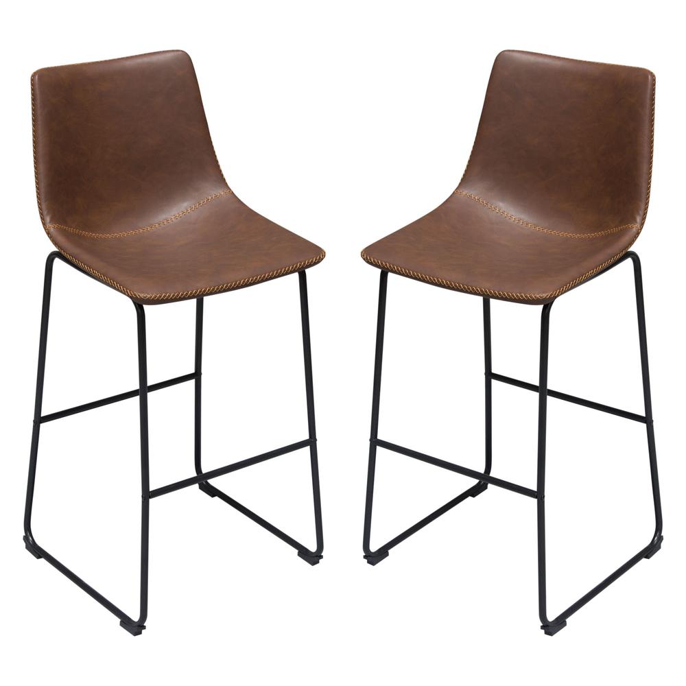 Theo Set of (2) Bar Height Chairs in Chocolate Leatherette w/ Black Metal Base. Picture 1