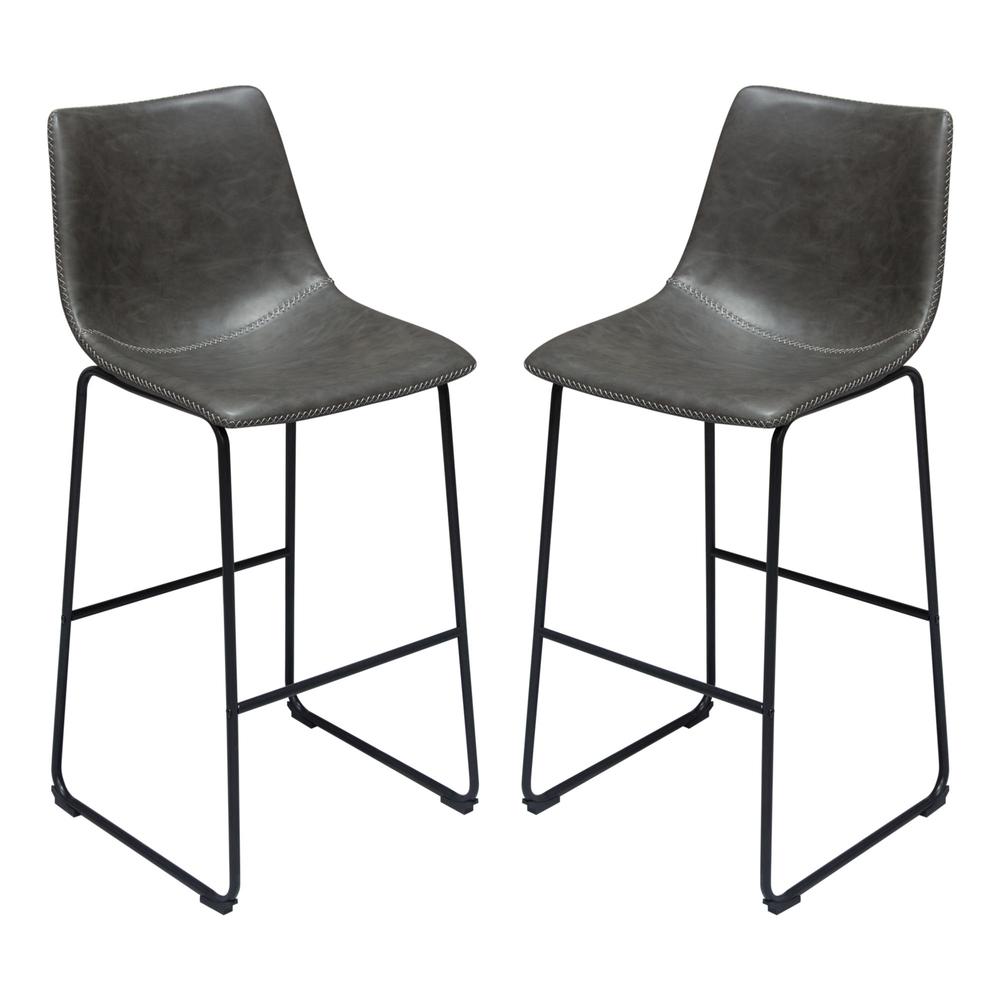 Theo Set of (2) Bar Height Chairs in Weathered Grey Leatherette w/ Black Metal Base. Picture 1