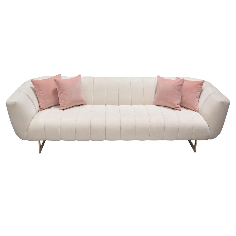 Venus Cream Fabric Sofa w/ Contrasting Pillows & Gold Finished Metal Base. Picture 22