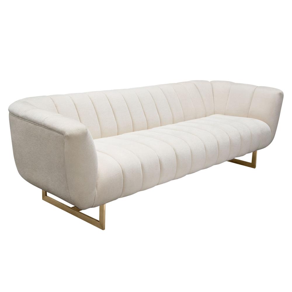 Venus Cream Fabric Sofa w/ Contrasting Pillows & Gold Finished Metal Base. Picture 27