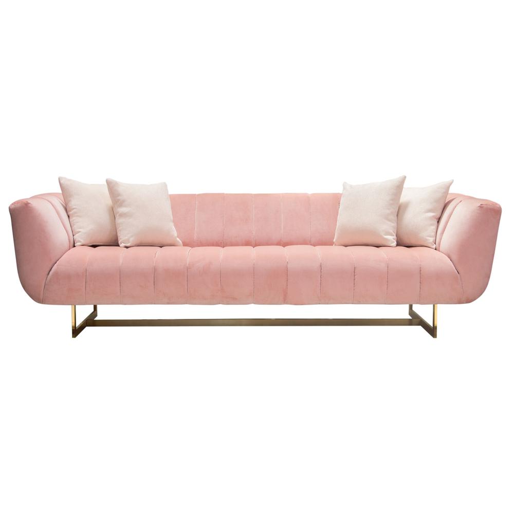 Sofa in Blush Pink Velvet w/ Contrasting Pillows & Gold Finished Metal Base. Picture 1
