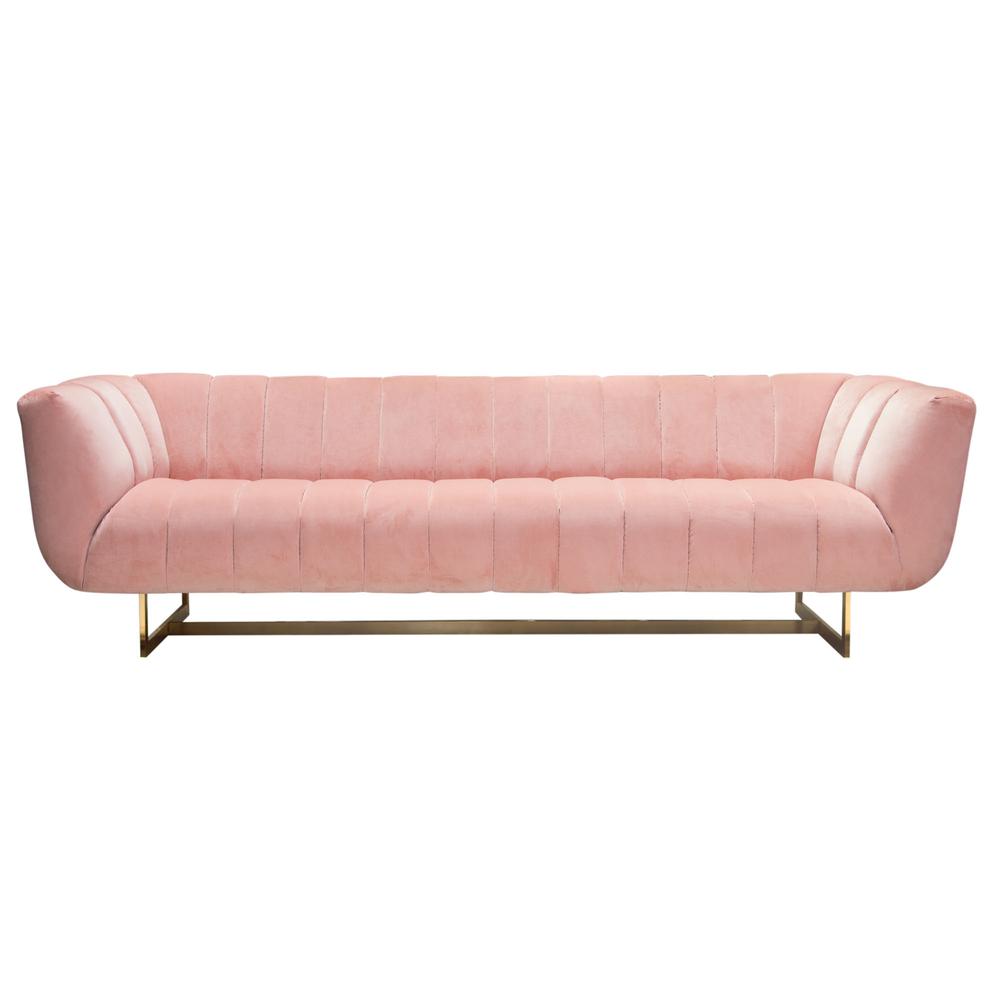 Sofa in Blush Pink Velvet w/ Contrasting Pillows & Gold Finished Metal Base. Picture 18