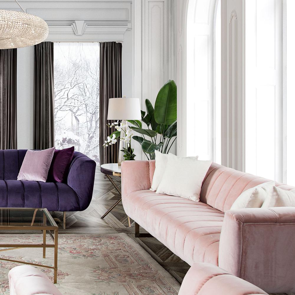 Sofa in Blush Pink Velvet w/ Contrasting Pillows & Gold Finished Metal Base. Picture 16