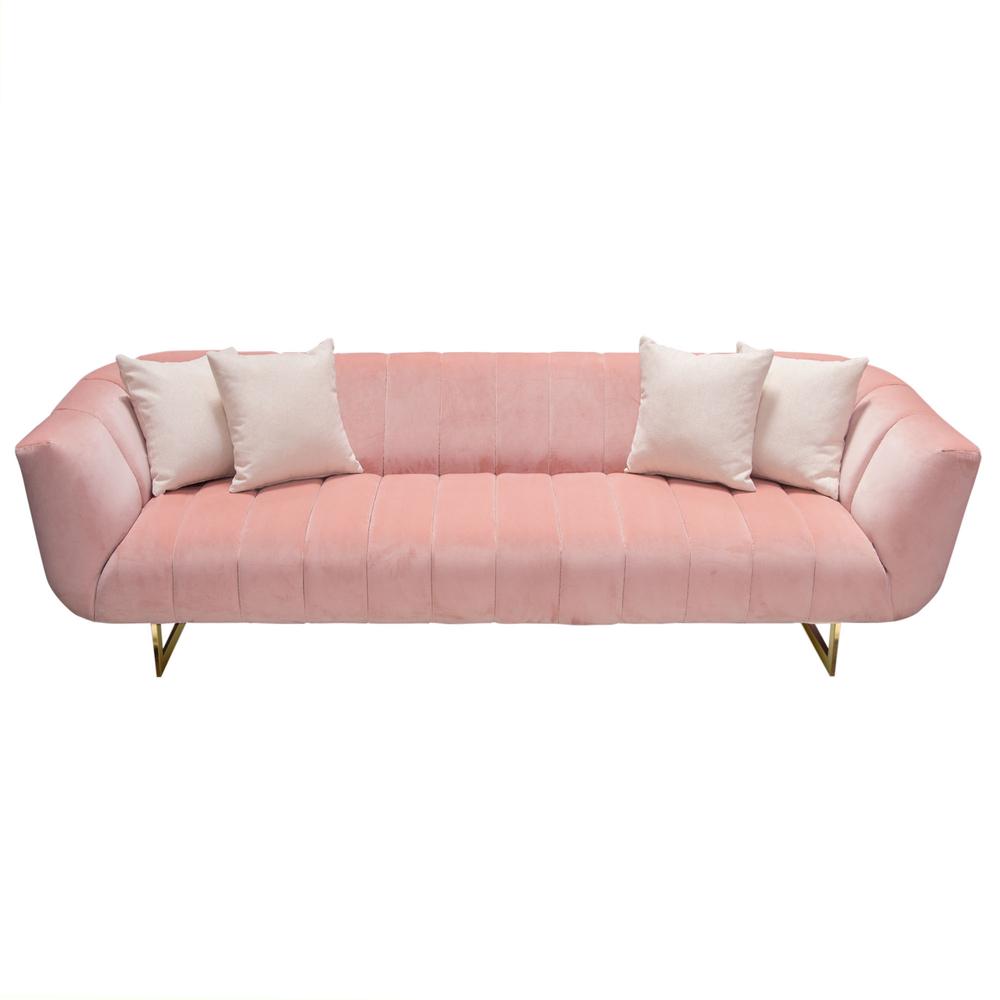 Sofa in Blush Pink Velvet w/ Contrasting Pillows & Gold Finished Metal Base. Picture 19