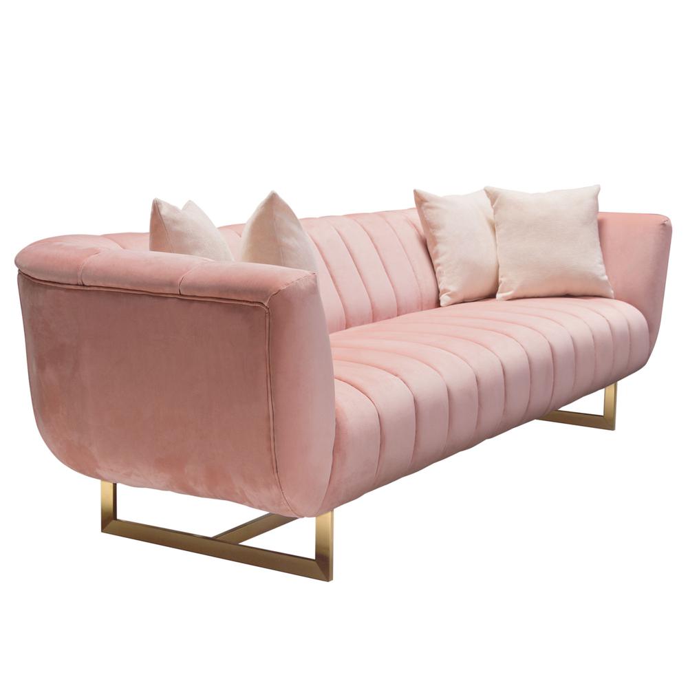 Sofa in Blush Pink Velvet w/ Contrasting Pillows & Gold Finished Metal Base. Picture 21