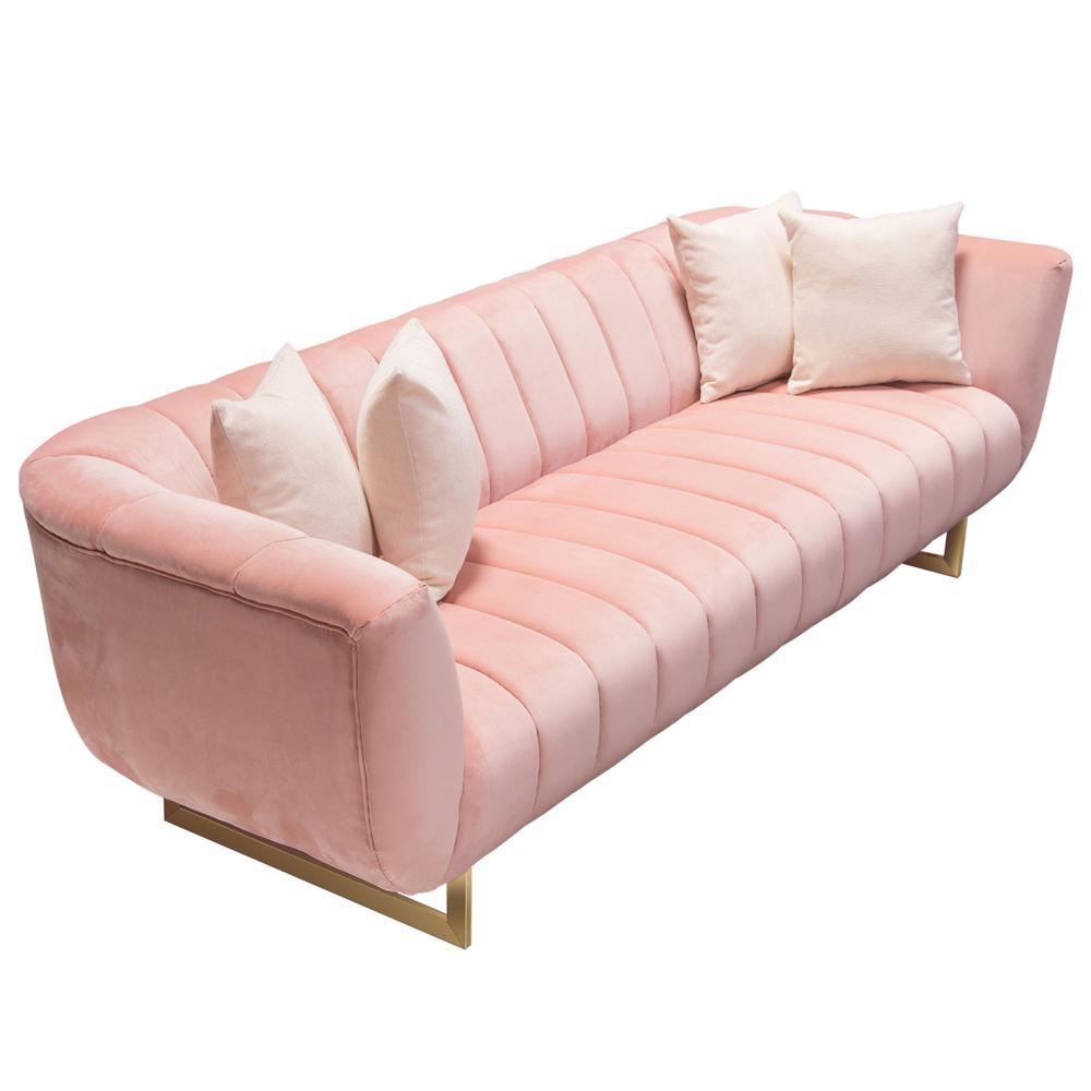 Sofa in Blush Pink Velvet w/ Contrasting Pillows & Gold Finished Metal Base. Picture 24