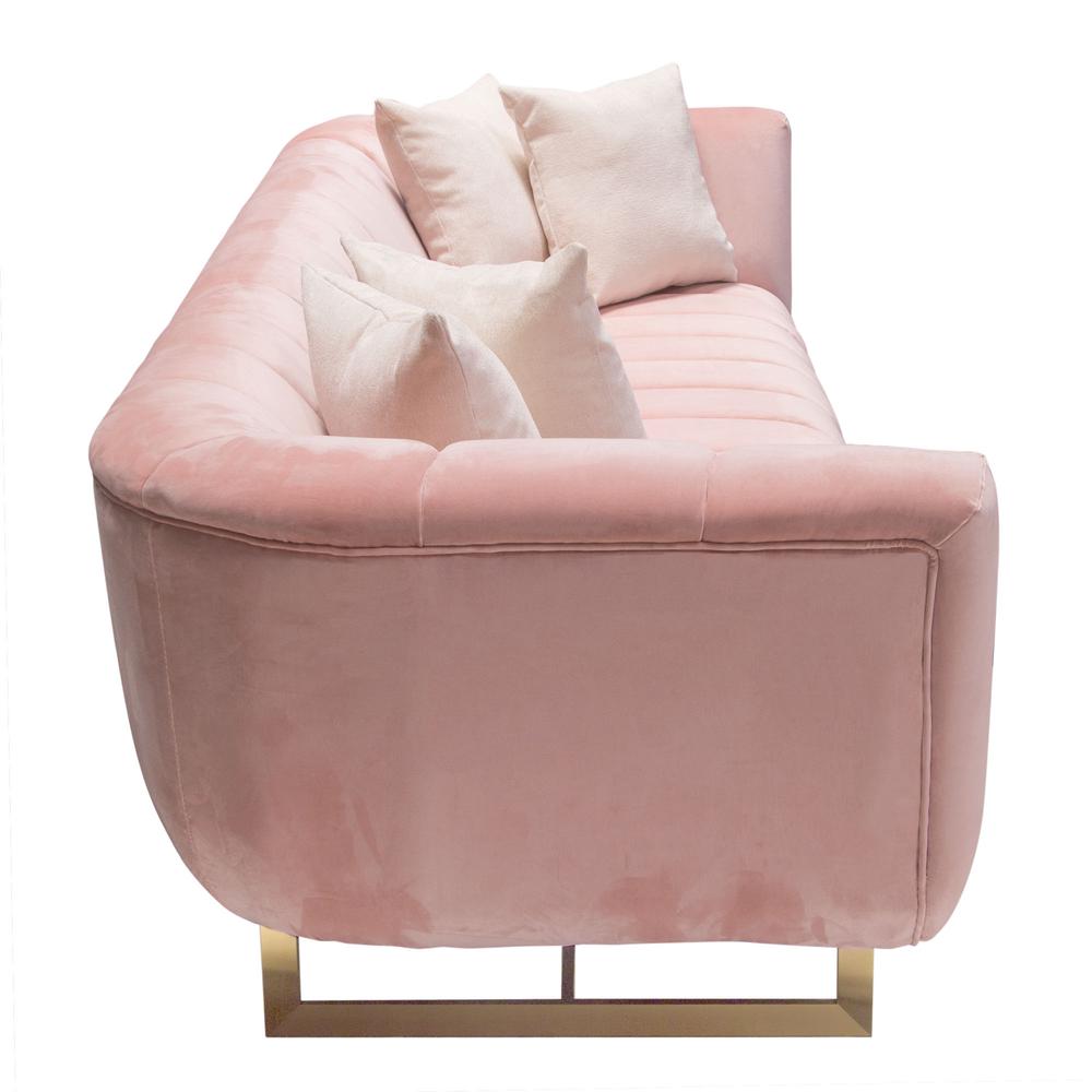Sofa in Blush Pink Velvet w/ Contrasting Pillows & Gold Finished Metal Base. Picture 17