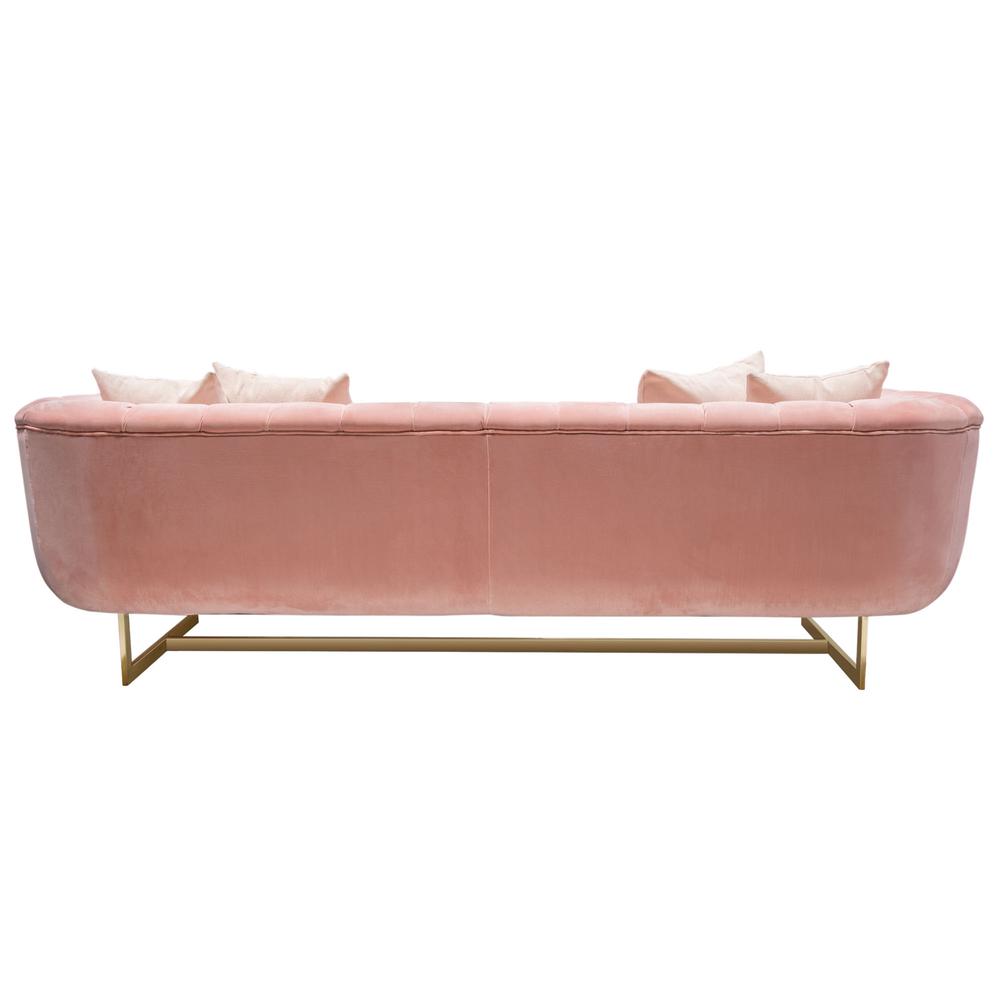 Sofa in Blush Pink Velvet w/ Contrasting Pillows & Gold Finished Metal Base. Picture 14
