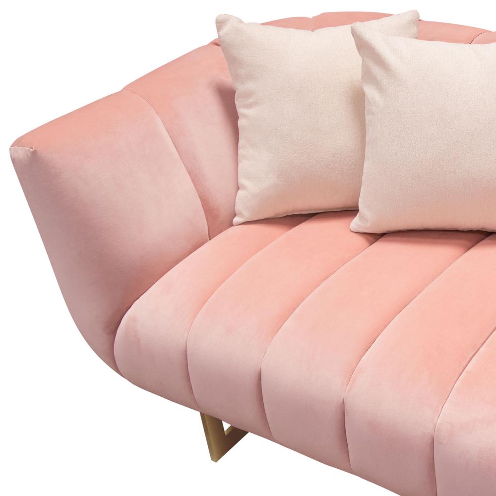 Sofa in Blush Pink Velvet w/ Contrasting Pillows & Gold Finished Metal Base. Picture 22