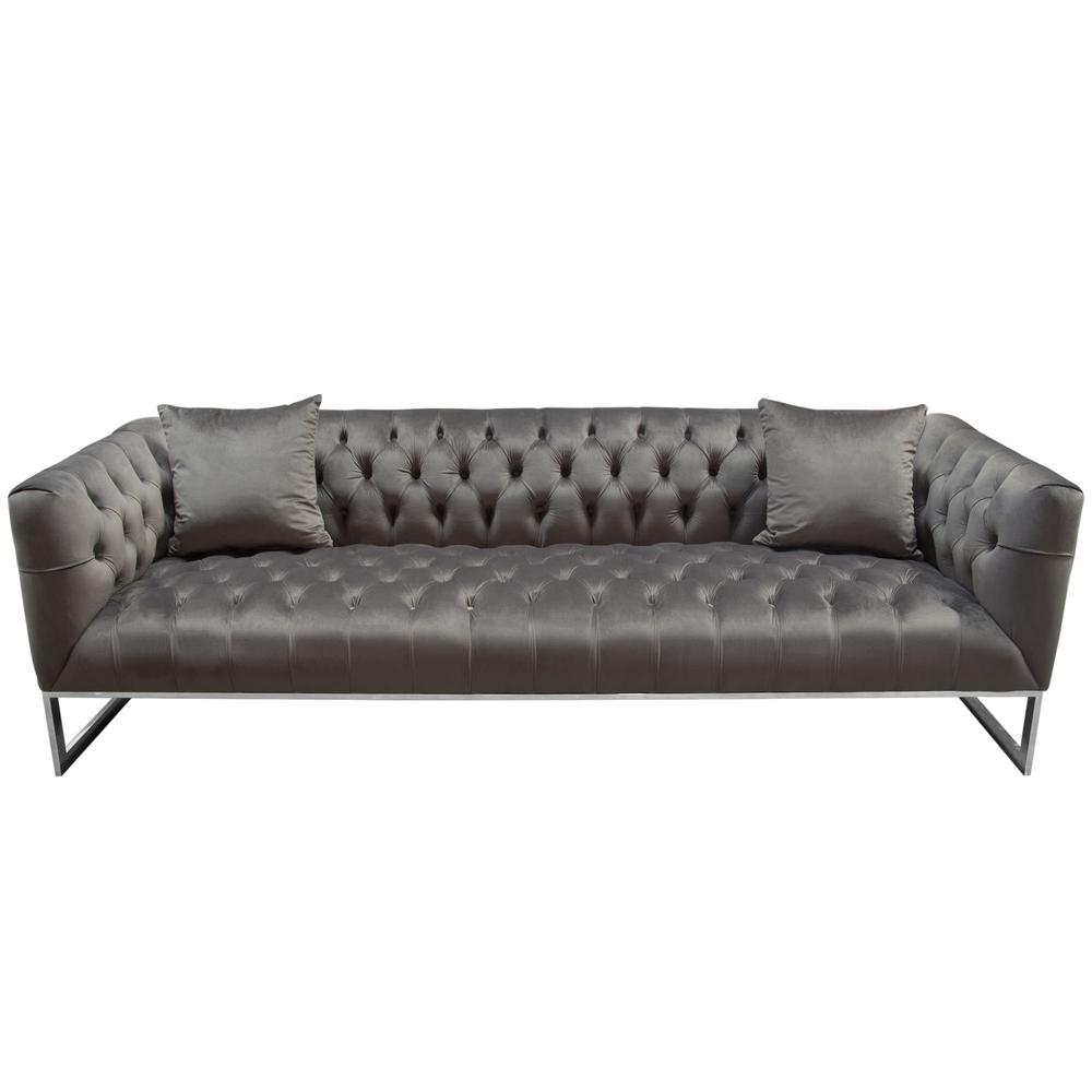 Crawford Tufted Sofa in Dusk Grey Velvet w/ Polished Metal Leg & Trim by Diamond Sofa. Picture 2
